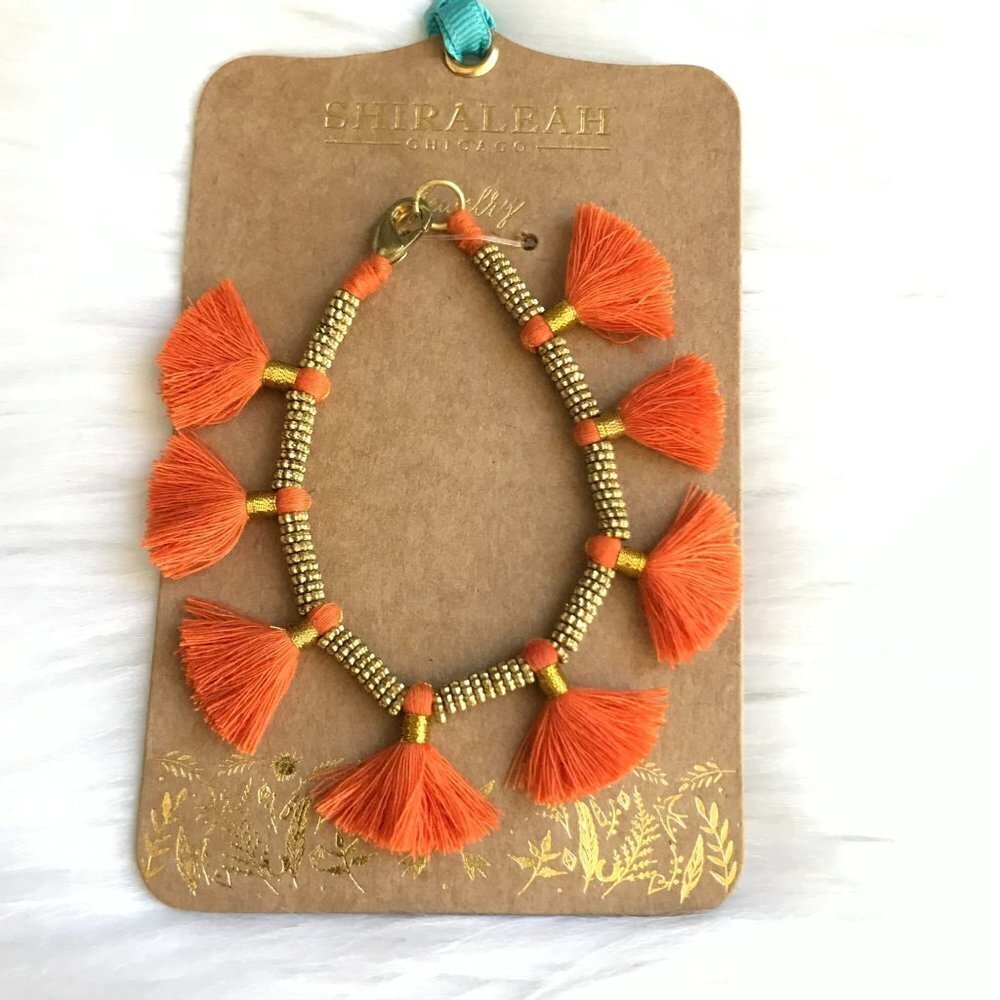 Anthropologie Boho Festival Jewelry | Sun Bracelet Gold Metal Orange Tassels NWT